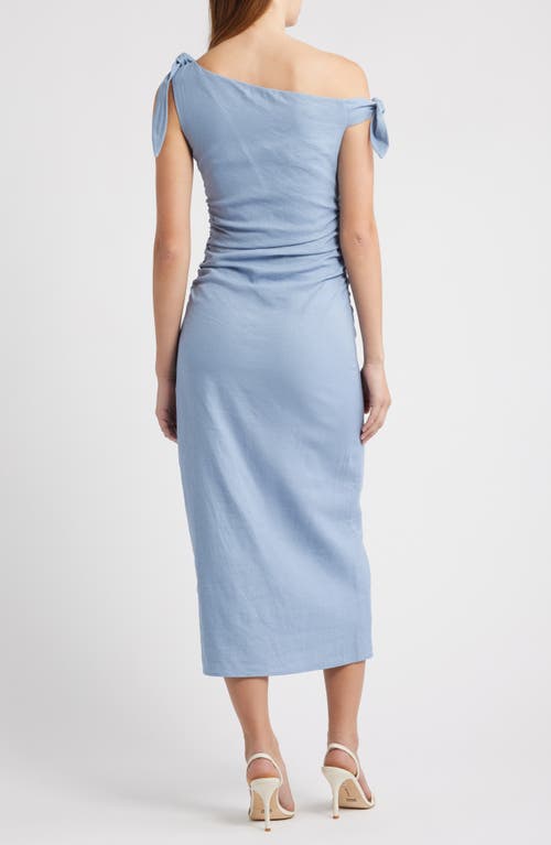 Wayf Clio Tie Shoulder Linen Blend Midi Dress In Blue