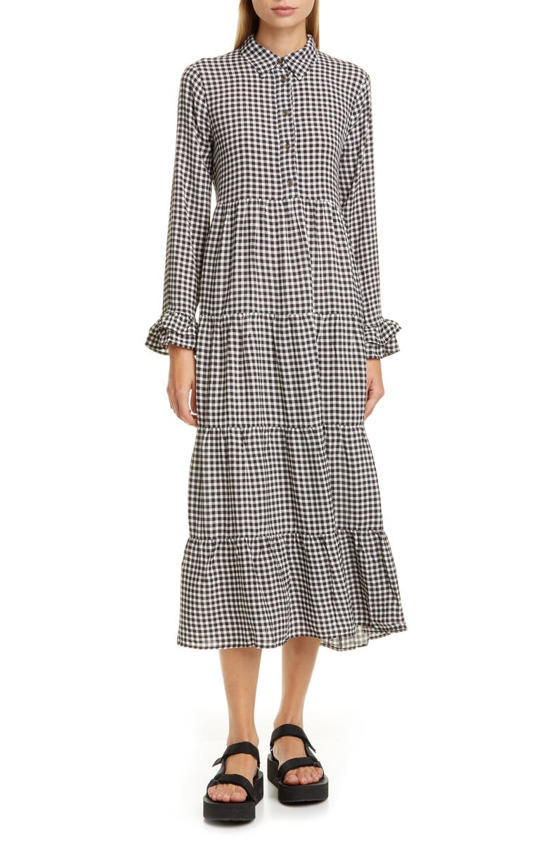 Ganni Gingham Print Crepe Long Sleeve Midi Dress, Main, color, 
