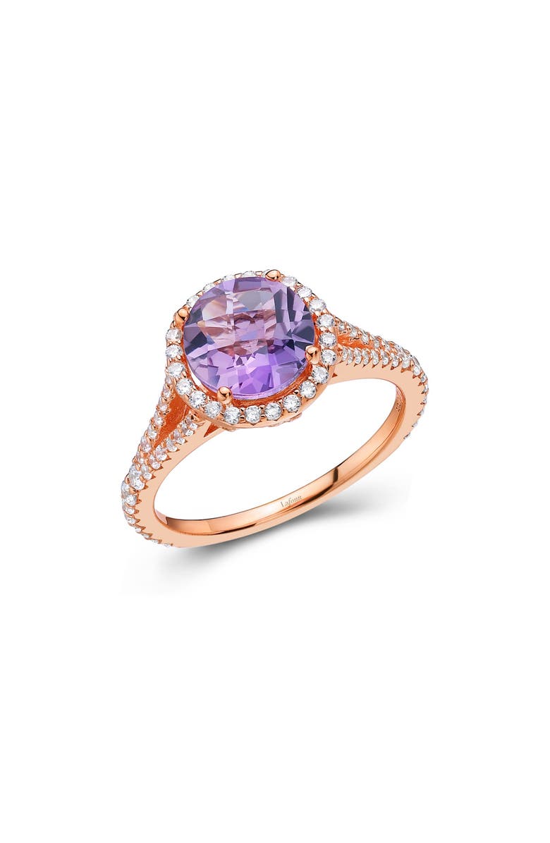 Lafonn Rose Gold Plated Sterling Silver Round Cut Amethyst & Simulated Diamond Halo Split Shank Ring, Main, color, White/ Amethyst