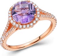 Lafonn Rose Gold Plated Sterling Silver Round Cut Amethyst & Simulated Diamond Halo Split Shank Ring