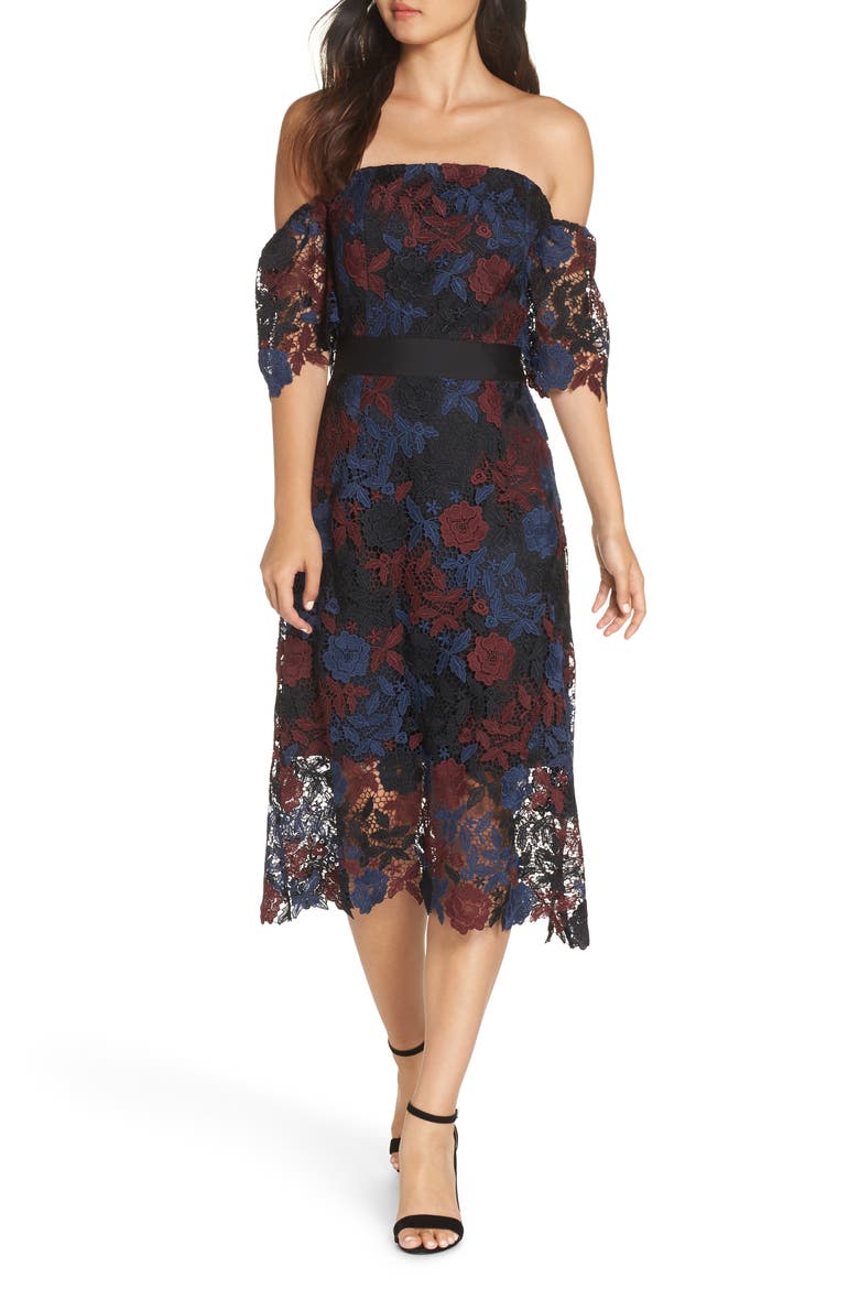 Three-Tone Off the Shoulder Lace Midi Dress, Main, color, BLACK MULTI
