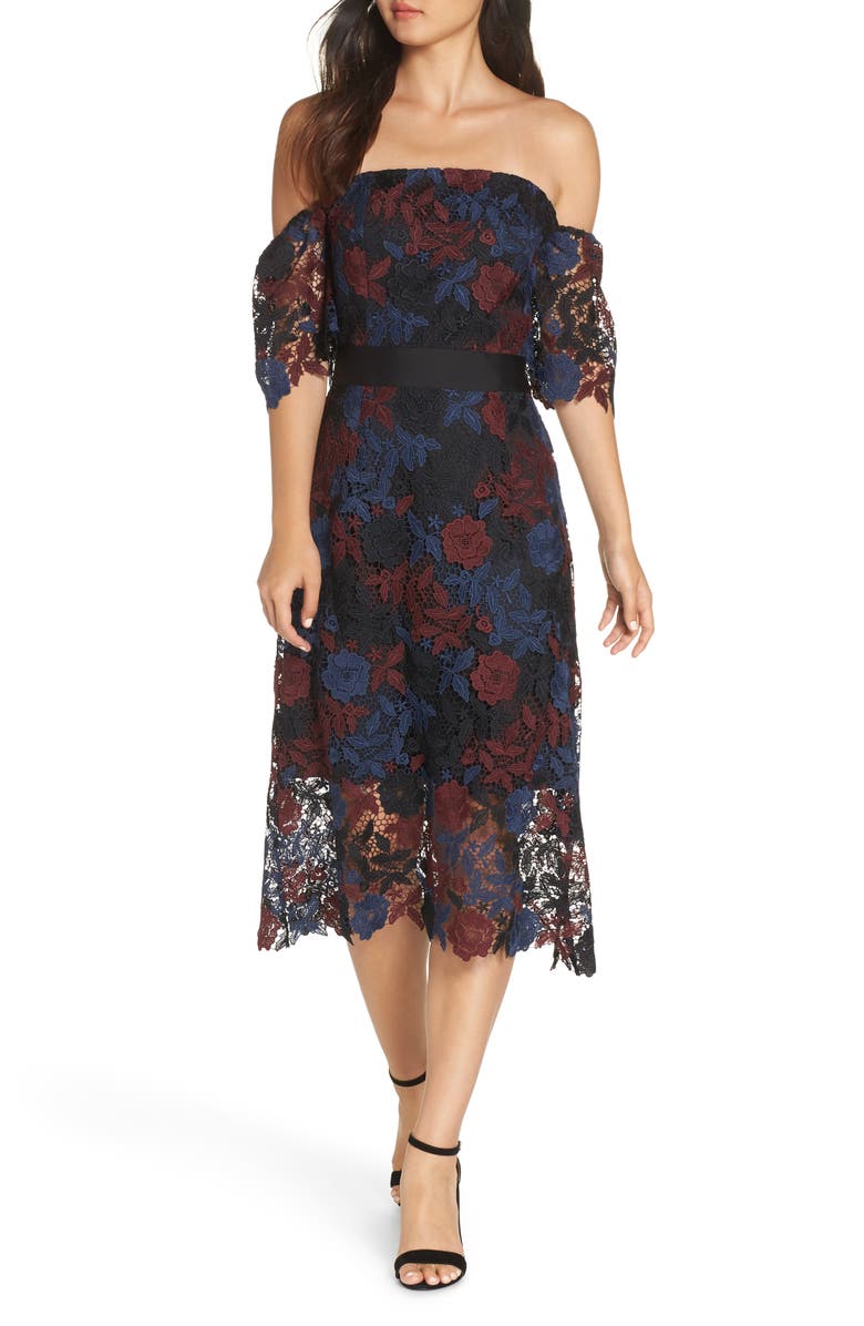 Sam Edelman Three-Tone Off the Shoulder Lace Midi Dress, Main, color,