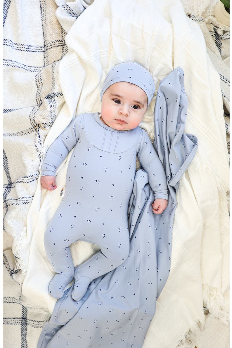 Leaves & Pleats Footie & Hat Set, Alternate, color, BLUE