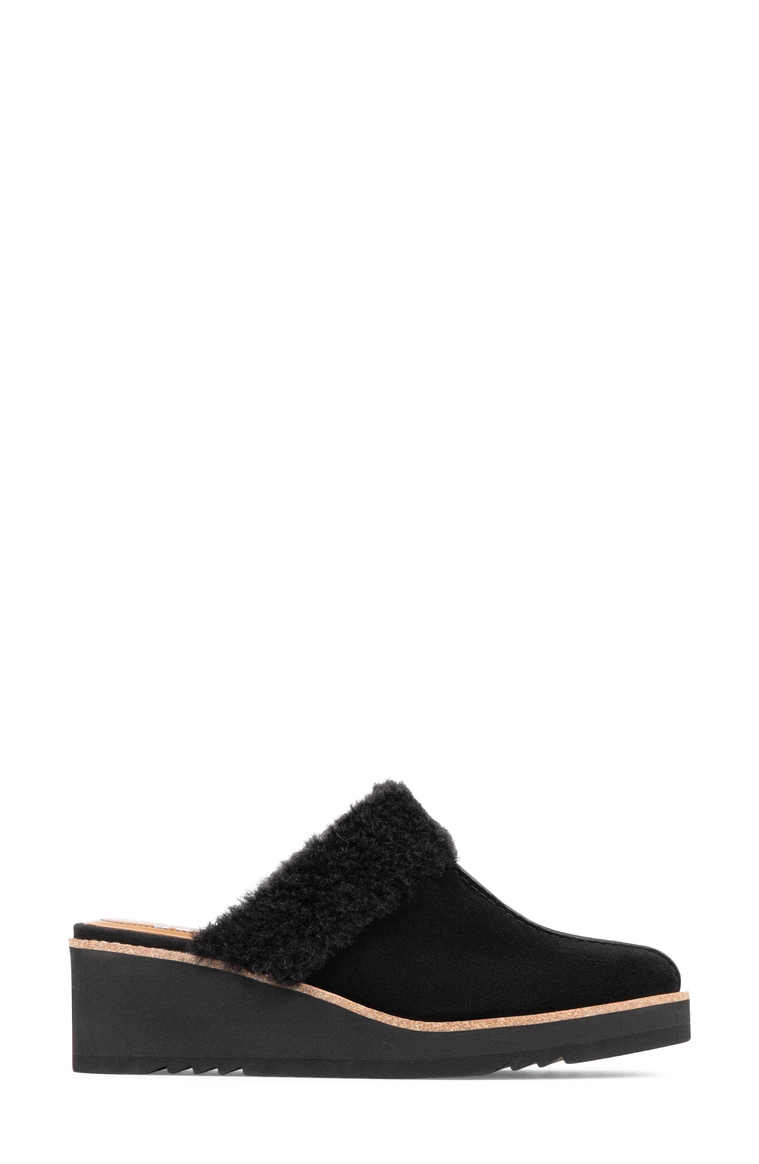 Elate Faux Shearling Trim Wedge Mule, Alternate, color, BLACK