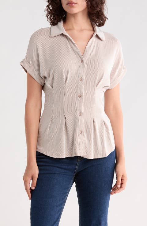 Microstriped Button Front Knit Top