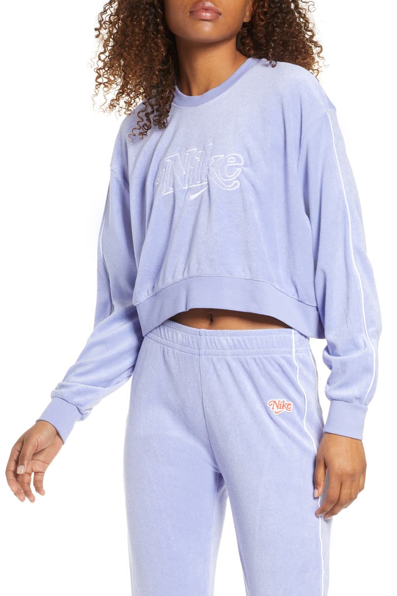 Sportswear Retro Femme Terry Crewneck Crop Sweatshirt, Main, color, LIGHT THISTLE