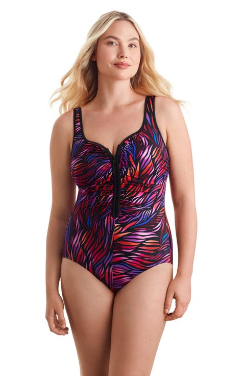 Shirred Zipper Tank Chlorine Resistant One-Piece Swimsuit