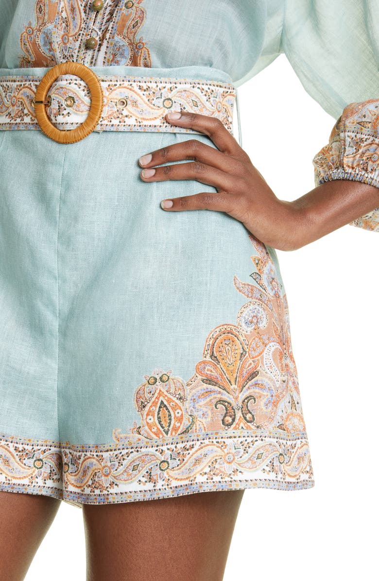 Zimmermann Devi Paisley Detail Belted Linen Shorts, Alternate, color, 