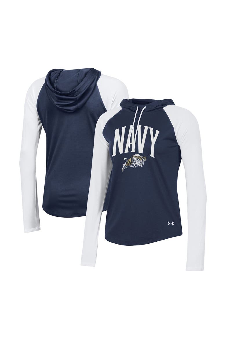 Women's Under Armour Navy Navy Midshipmen Gameday Mesh Performance Raglan Hooded Long Sleeve T-Shirt, Main, color, Navy