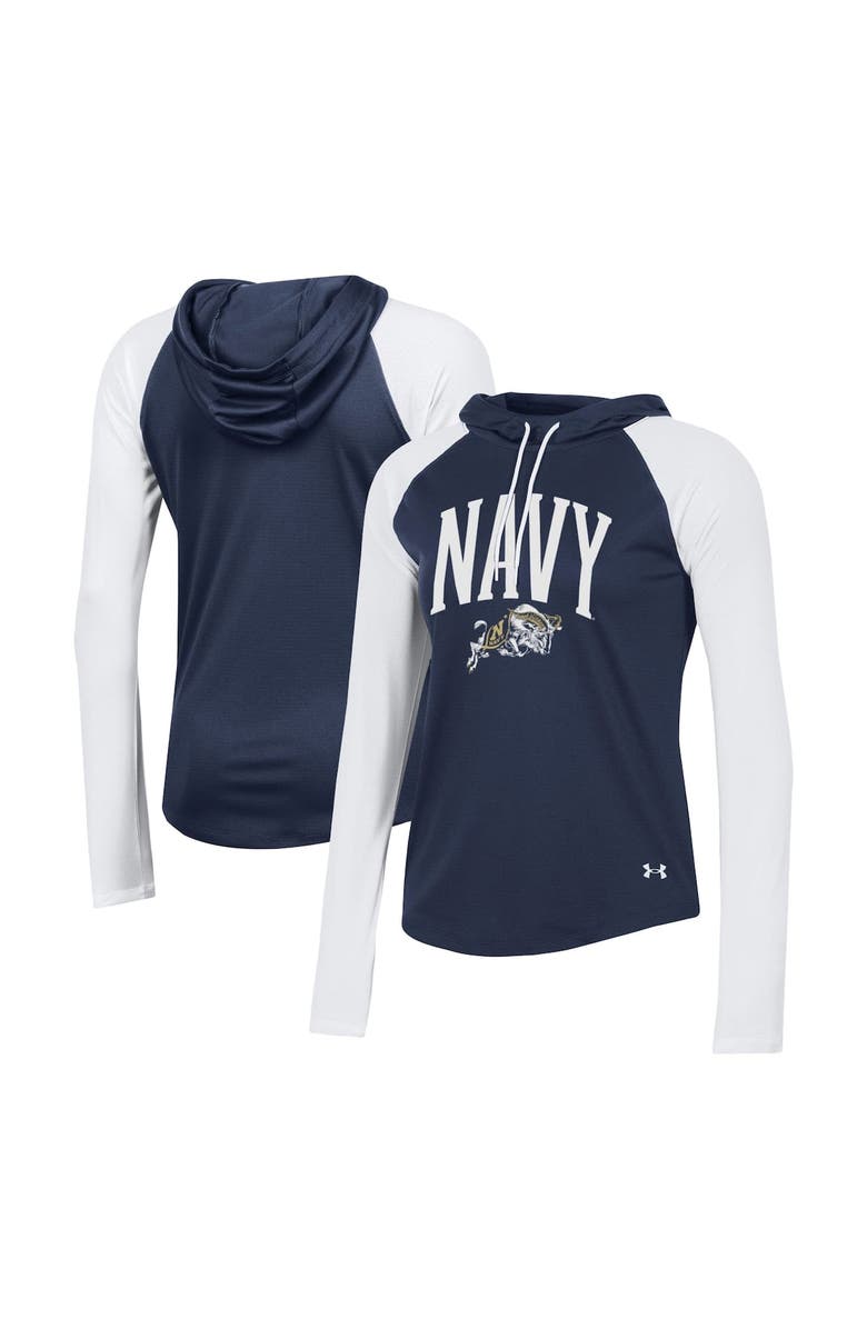 Under Armour Women's Under Armour Navy Navy Midshipmen Gameday Mesh Performance Raglan Hooded Long Sleeve T-Shirt, Main, color, 