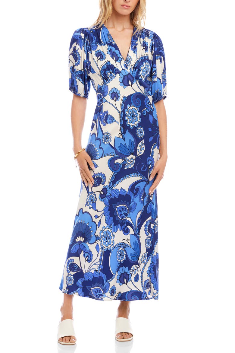 Floral Puff Sleeve Bias Maxi Dress, Main, color, BLUE PRINT