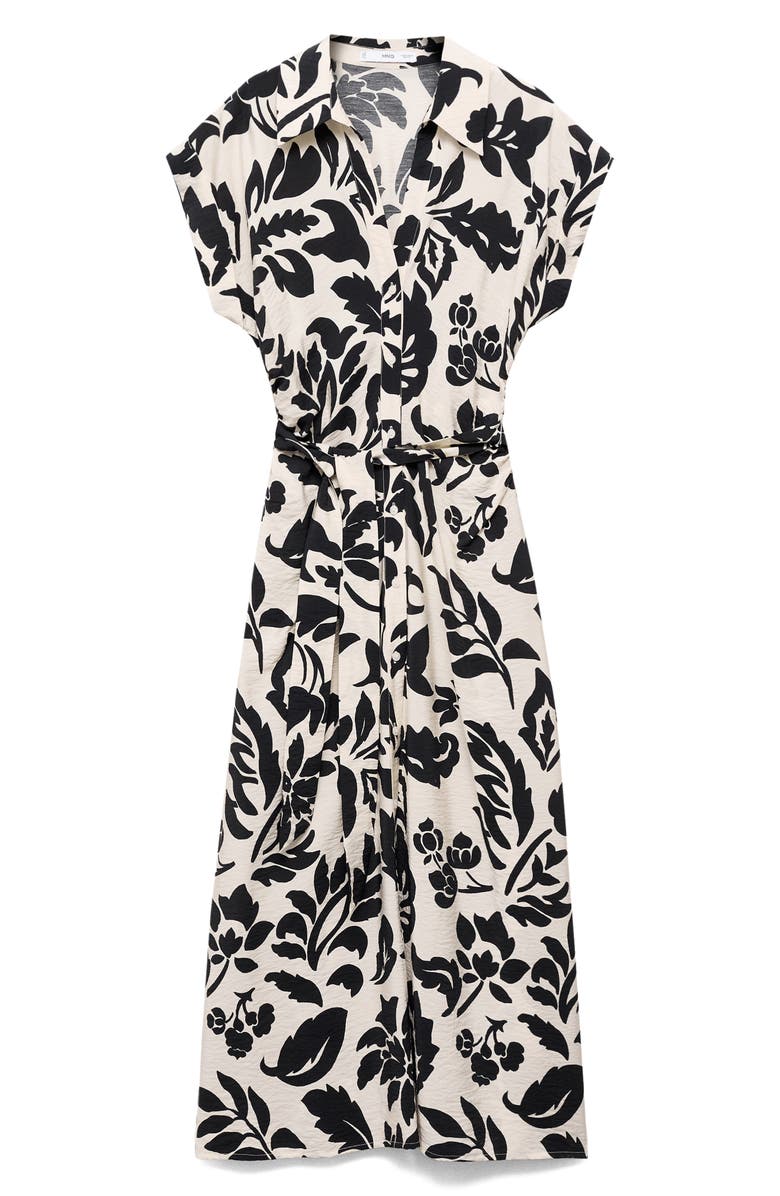 MANGO Floral Crinkle Tie Belt Shirtdress, Alternate, color, Off White