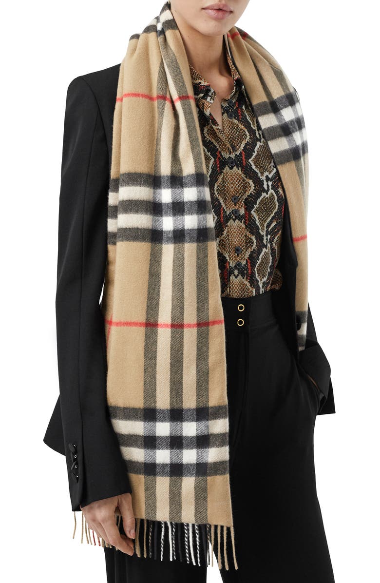 Burberry Giant Check Icon Stripe Cashmere & Mulberry Scarf, Alternate, color, 