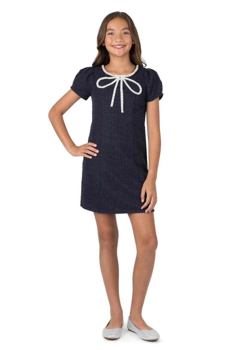 Kids' Bow Accent Bouclé Dress, Alternate, color, NAVY