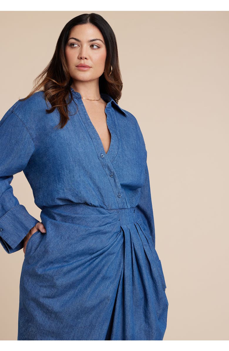 ELOQUII Chambray Pleated Jumpsuit, Alternate, color, Medium Wash