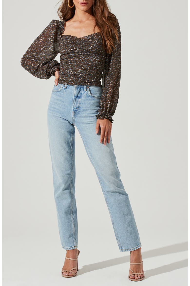 Floral Ruched Sweetheart Neck Top, Alternate, color, BROWN BLUE DITSY