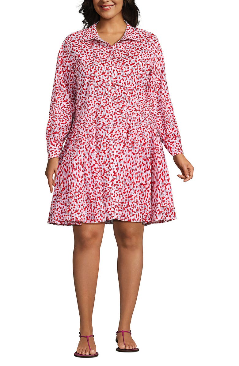 Lands' End Plus Size Poplin Button Front Dress with Godets, Alternate, color, White/Coral Red Painted Posies