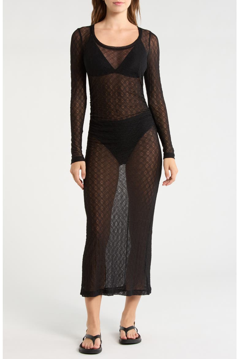 Long Sleeve Sheer Lace Cover Up Dress, Main, color, BLACK
