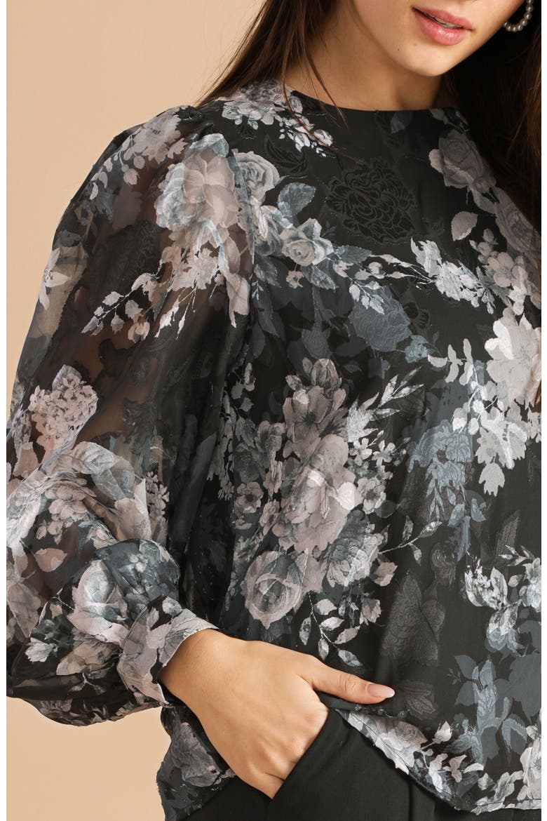 Floral Tie Back Long Sleeve Top, Alternate, color, BLACK