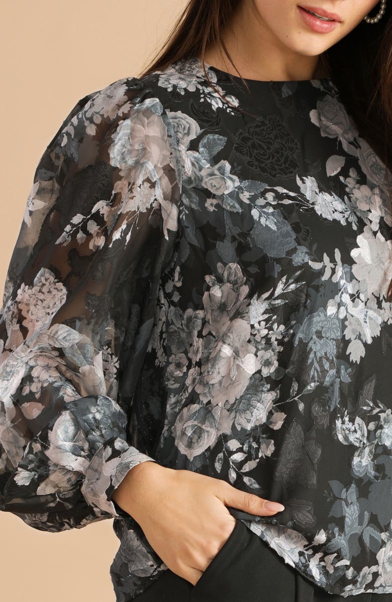 FLYING TOMATO Floral Tie Back Long Sleeve Top, Alternate, color, Black