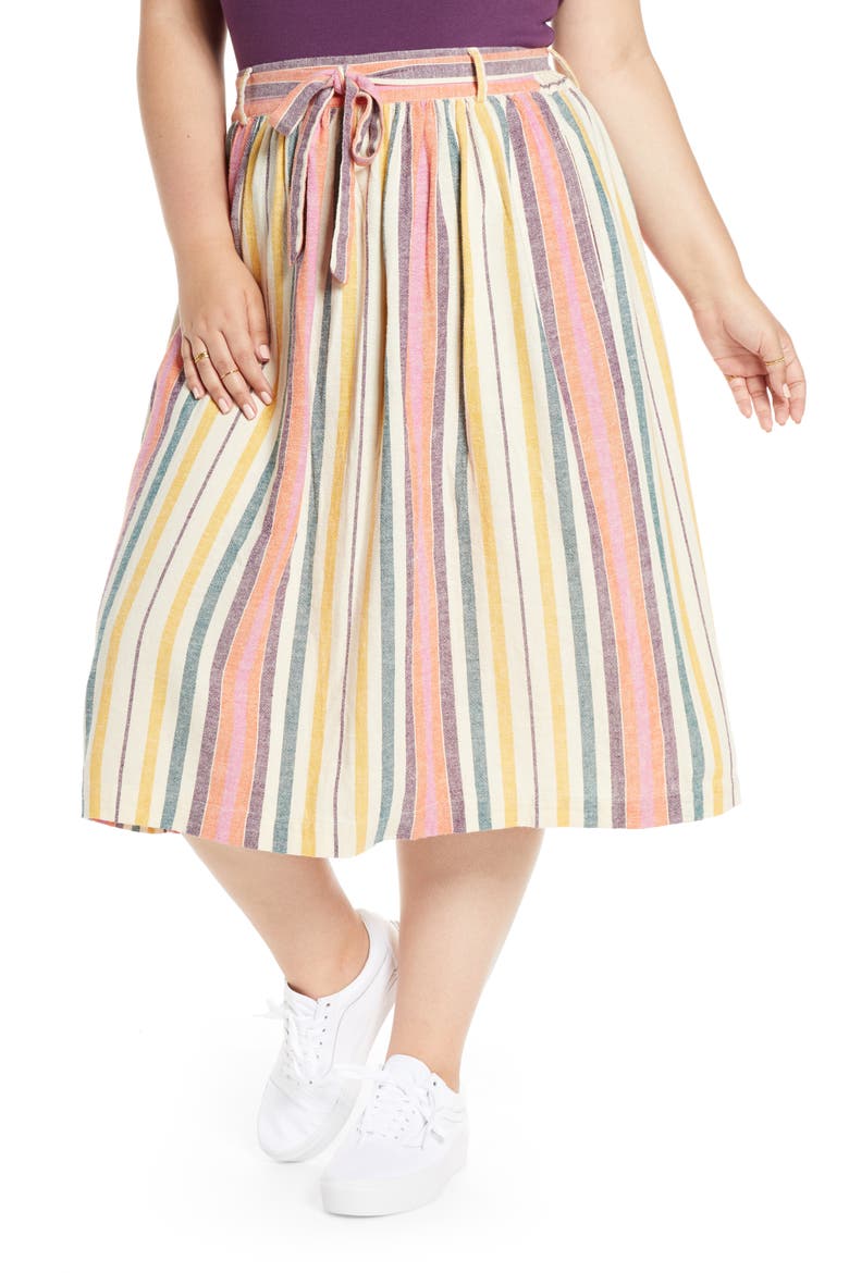 Tie Belt Stripe Midi Skirt, Alternate, color, IVORY DOVE NALA STRIPE
