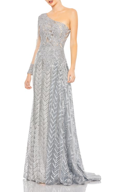 Hand-Embellished Gown with Floral Beaded Mesh & Chevron Sequin Detailing