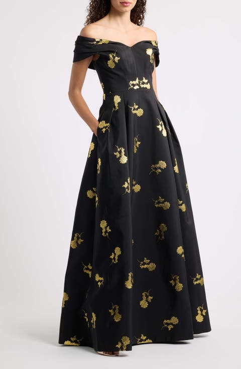 Mariya Metallic Rose Jacquard Off the Shoulder Gown