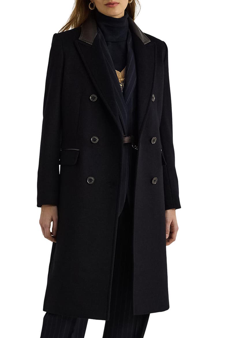 Faux Leather Trim Double Breasted Wool Blend Reefer Coat, Main, color, REGAL NAVY