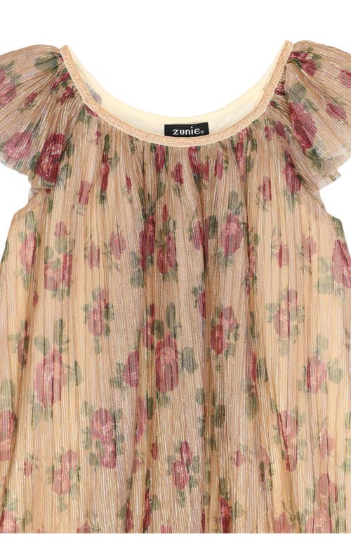 Zunie Kids' Floral Metallic Flutter Sleeve Dress In Neutral