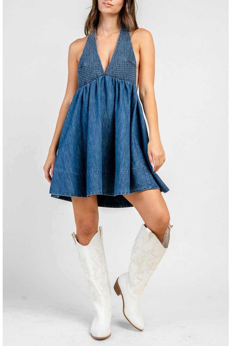 Smocked V-Neck Denim Dress, Alternate, color, MEDIUM BLUE