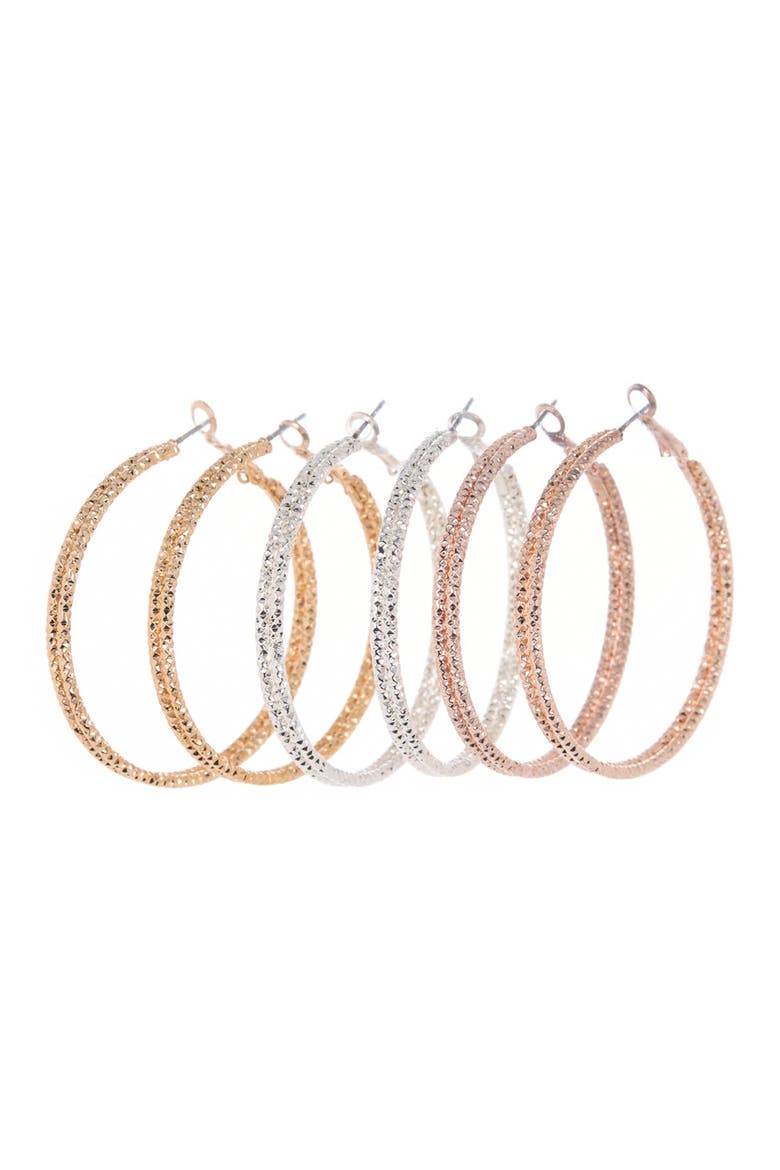 Set of 3 Textured Hoop Earrings, Main, color, GOLD- ROSE GOLD- RHODIUM
