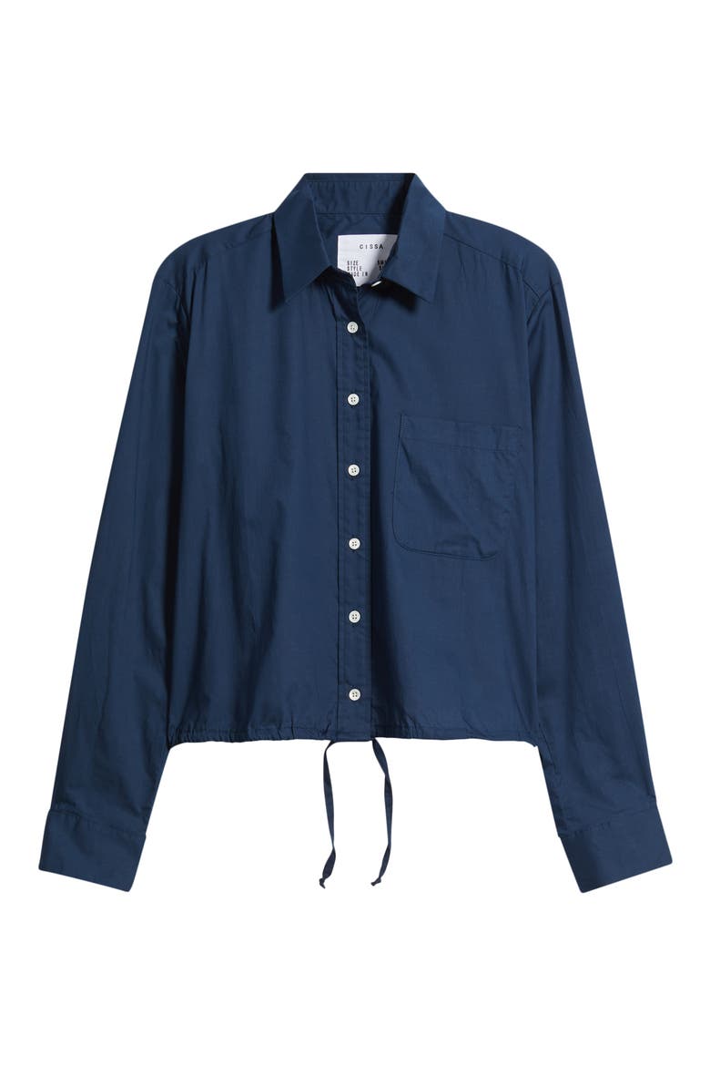 Drawstring Waist Cotton Button-Up Top, Main, color, NAVY BLUE