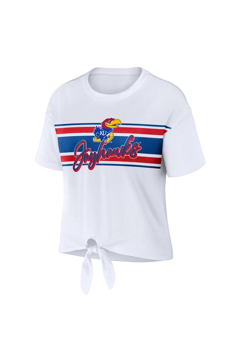 Women's WEAR by Erin Andrews White Kansas Jayhawks Striped Front Knot Cropped T-Shirt, Alternate, color, White
