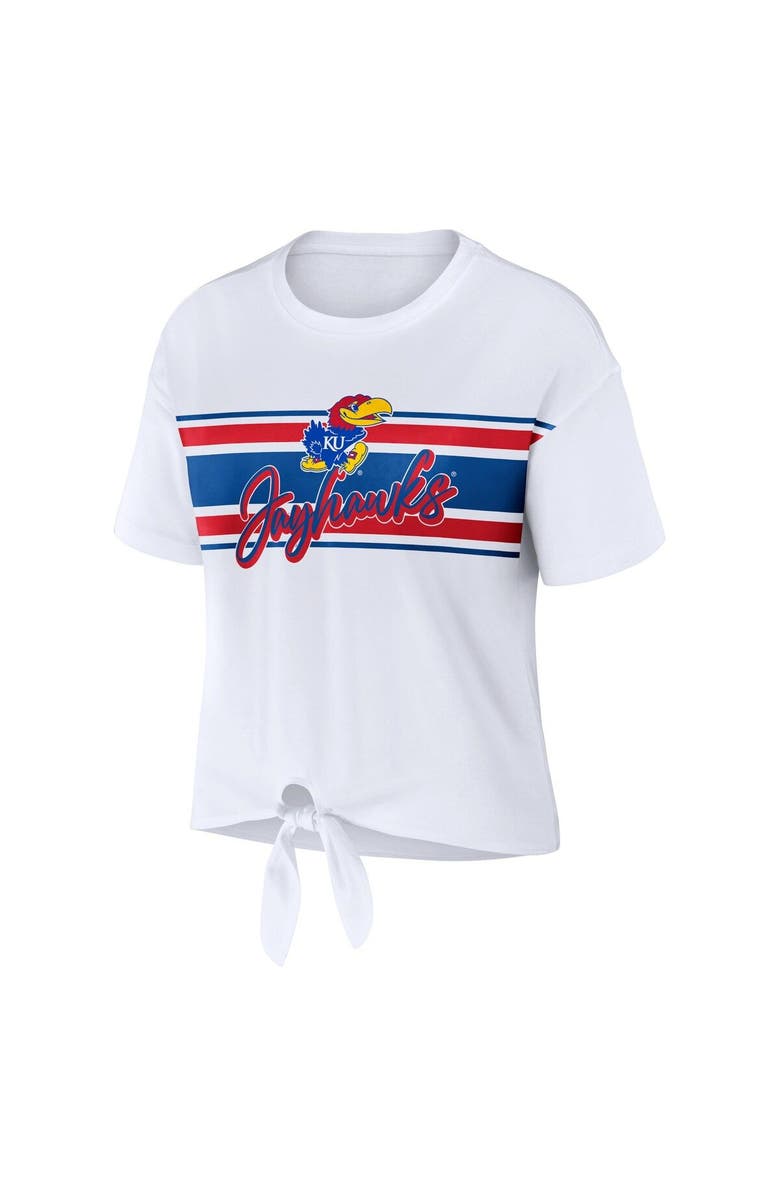 WEAR by Erin Andrews Women's WEAR by Erin Andrews White Kansas Jayhawks Striped Front Knot Cropped T-Shirt, Alternate, color, White