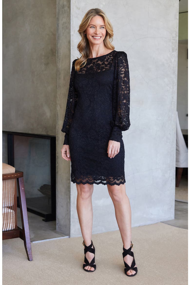 Long Sleeve Lace A-Line Dress, Alternate, color, BLACK