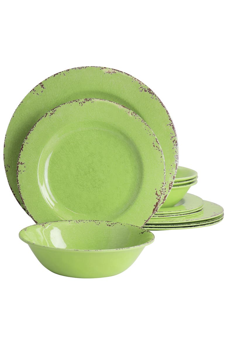Mauna 12 Piece Melamine Dinnerware Set in Crackle Green, Main, color, Green