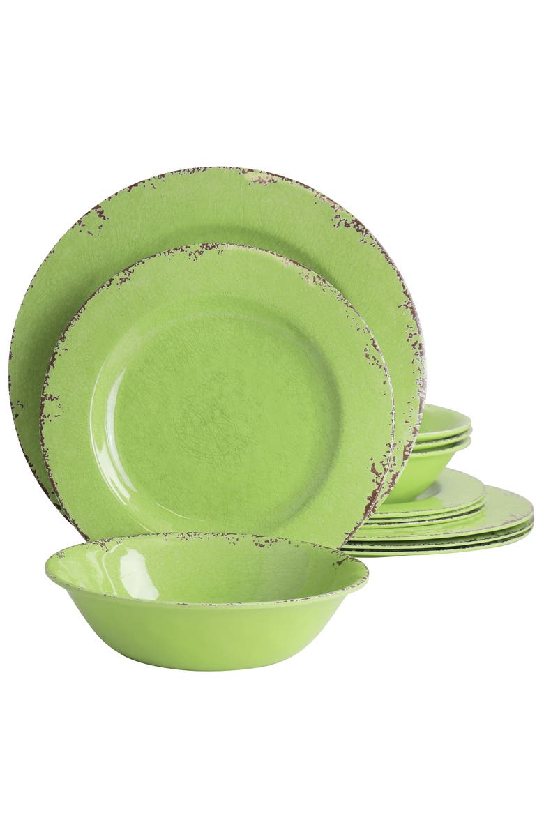 Gibson Mauna 12 Piece Melamine Dinnerware Set in Crackle Green, Main, color, Green