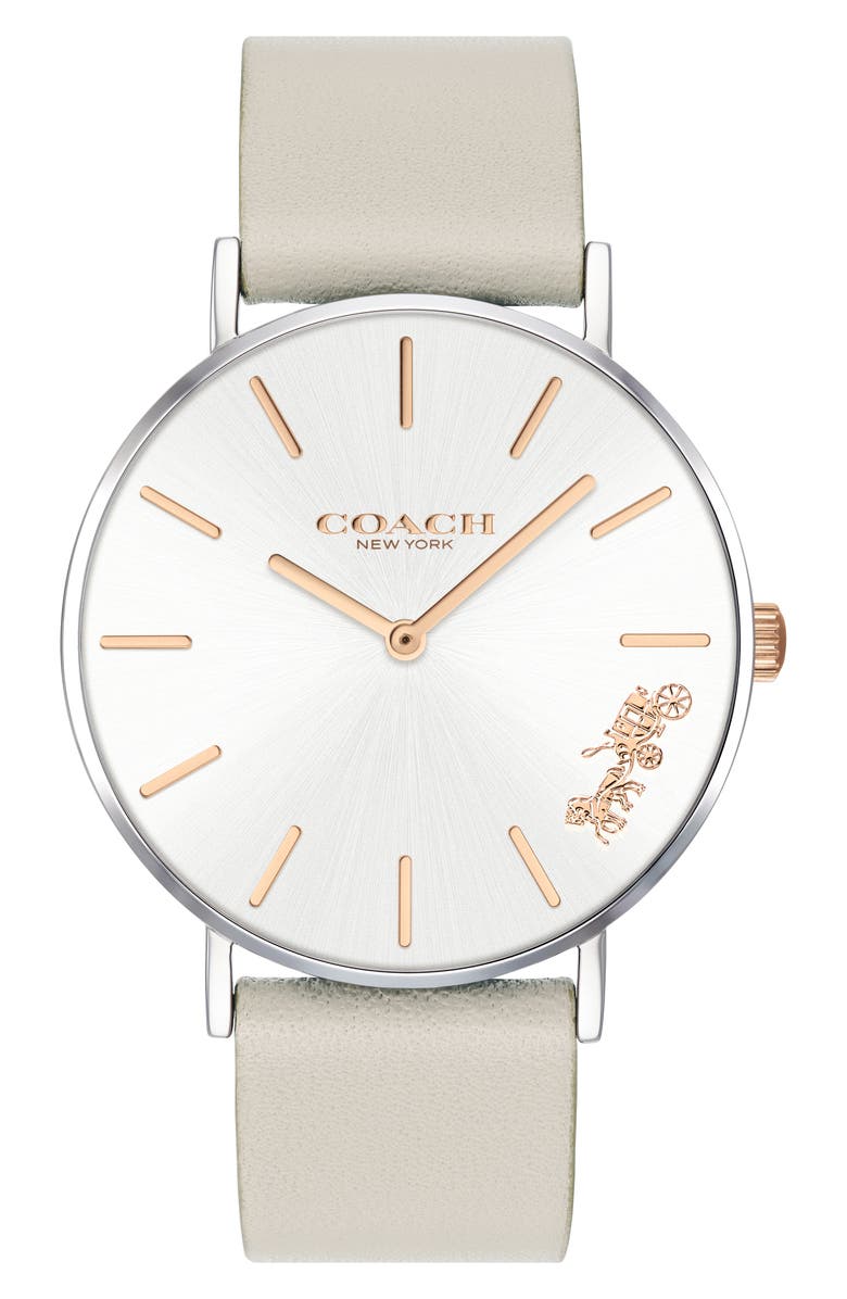 COACH Perry Leather Strap Watch, 36mm, Main, color, Silver White