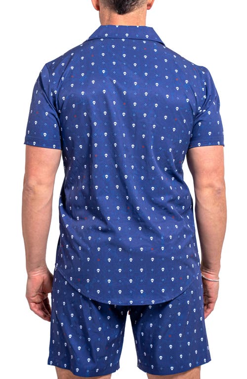 Maceoo Beachskull Blue Short Sleeve Cotton Button-up Shirt In Blue