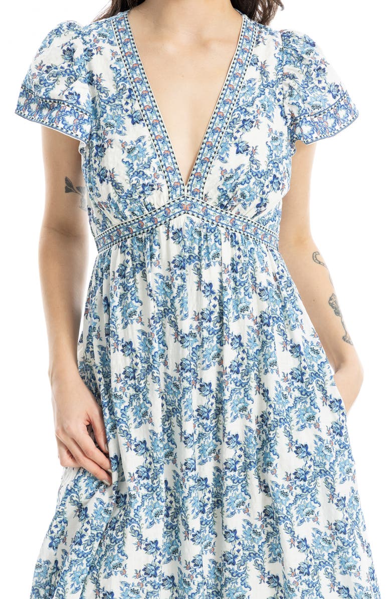 MAX STUDIO Floral Flutter Sleeve Maxi Dress, Alternate, color, Cream/ Blue