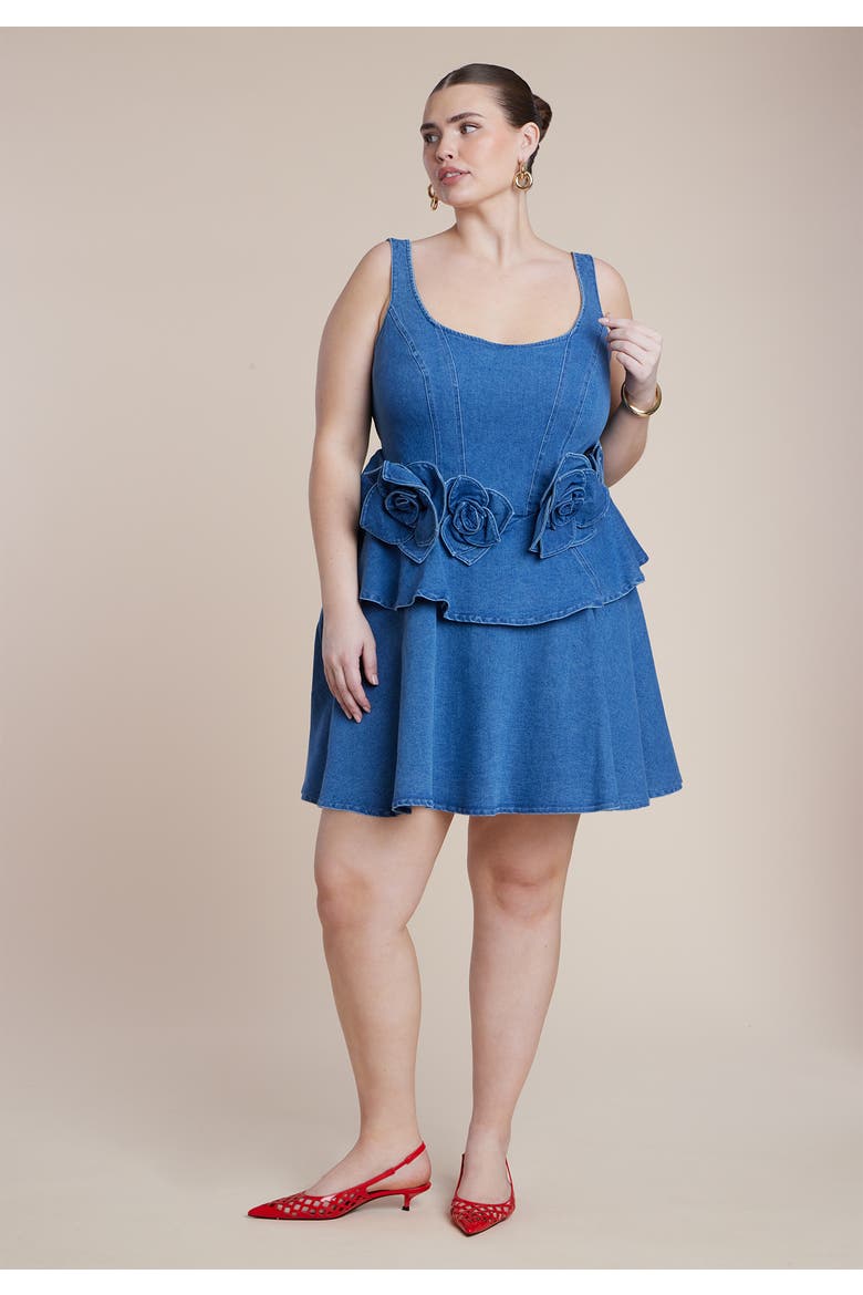 Denim Flower Applique Mini Dress, Alternate, color, MEDIUM WASH
