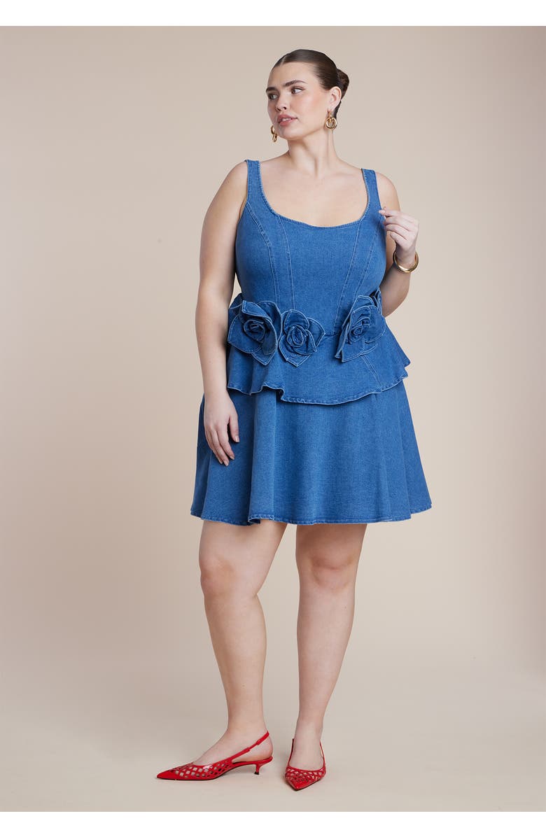 ELOQUII Denim Flower Applique Mini Dress, Alternate, color, Medium Wash