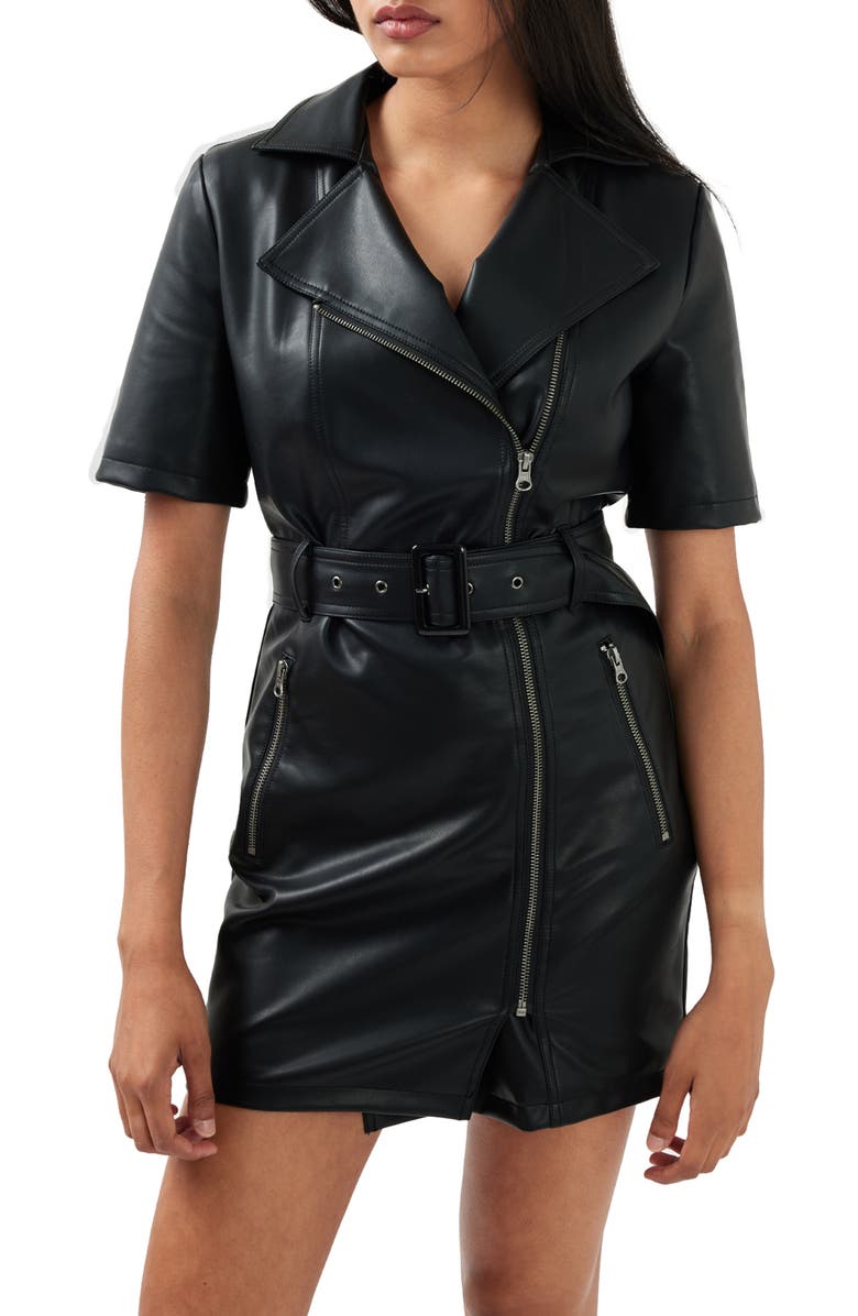 Belle & Bloom Wild Nights Short Sleeve Faux Leather Minidress, Alternate, color, Black