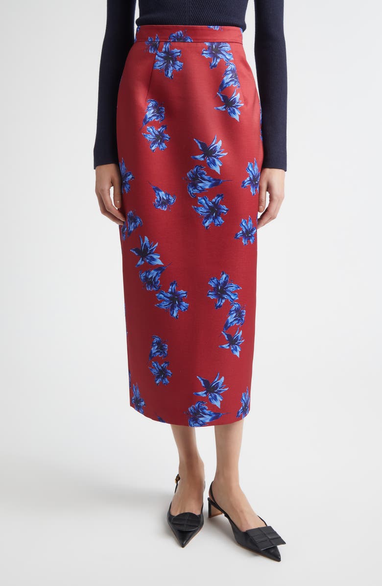 Emilia Wickstead Lorelei Festive Lilies Faille Midi Skirt, Main, color, Festive Lillies Red Blue
