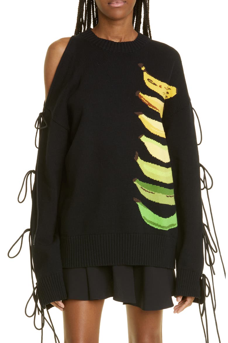 Banana Intarsia Tie Sleeve Cotton Sweater, Main, color, BLACK