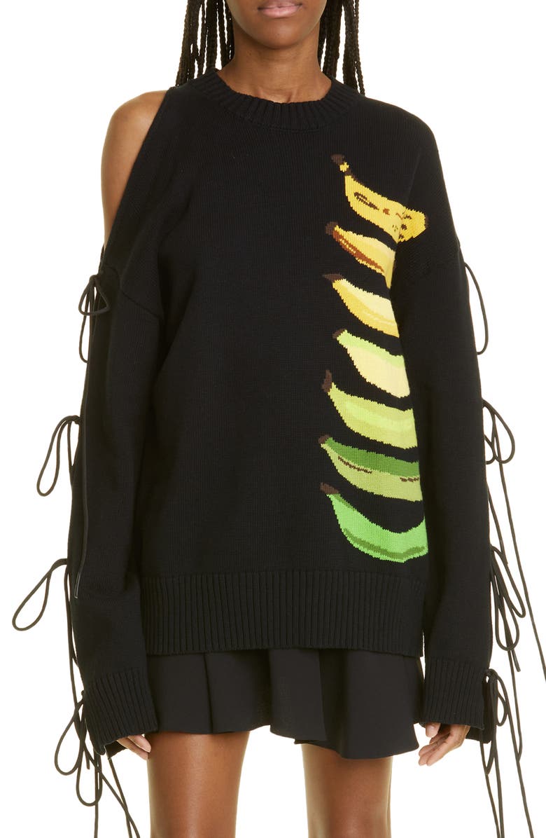 MONSE Banana Intarsia Tie Sleeve Cotton Sweater, Main, color,