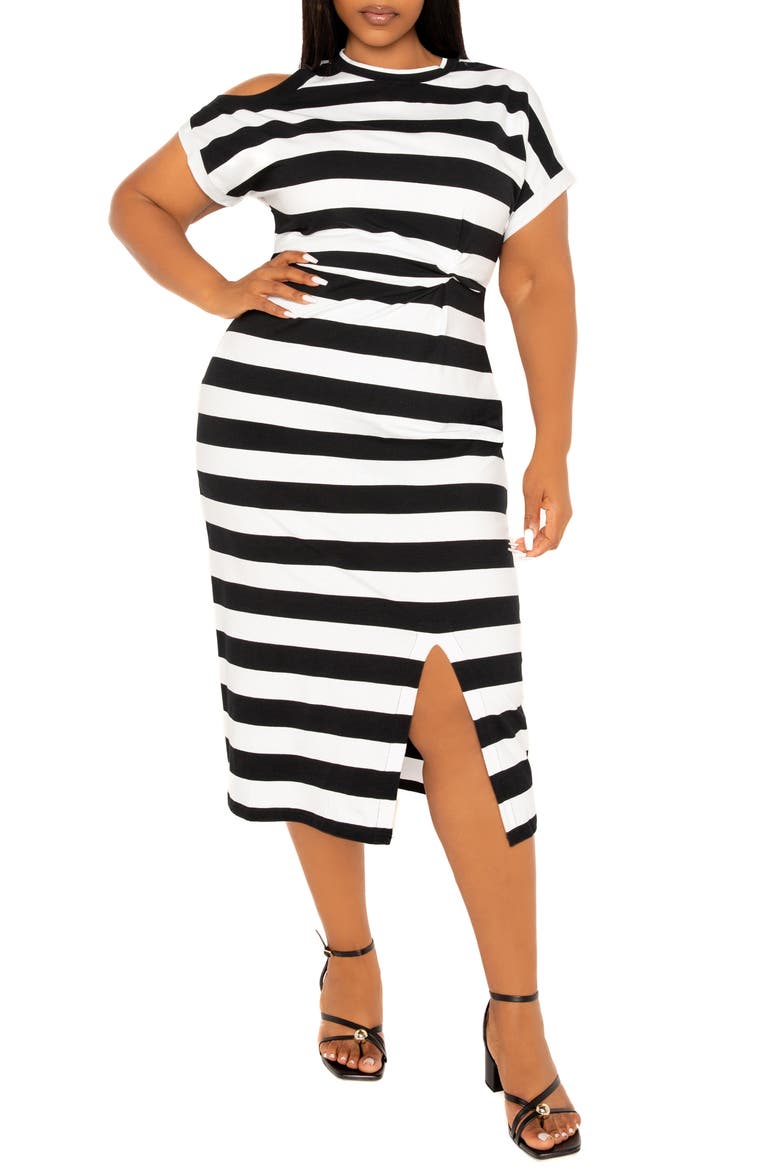 Stripe Cold Shoulder Gathered Waist Jersey Midi Dress, Main, color, BLACK STRIPE