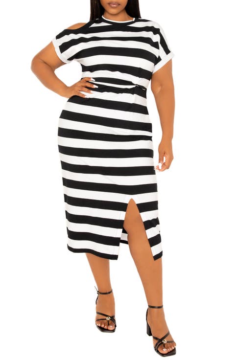 Stripe Cold Shoulder Gathered Waist Jersey Midi Dress (Plus)