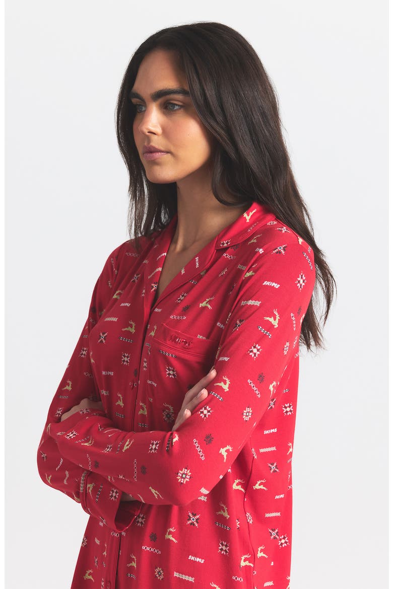 Long Sleeve Button-Up Shirt & Pants Pajama Set, Alternate, color, CRANBERRY VINTAGE DEER PRINT