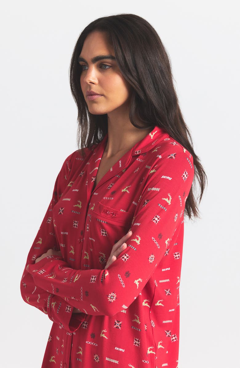 SKIMS Long Sleeve Button-Up Shirt & Pants Pajama Set, Alternate, color, Cranberry Vintage Deer Print